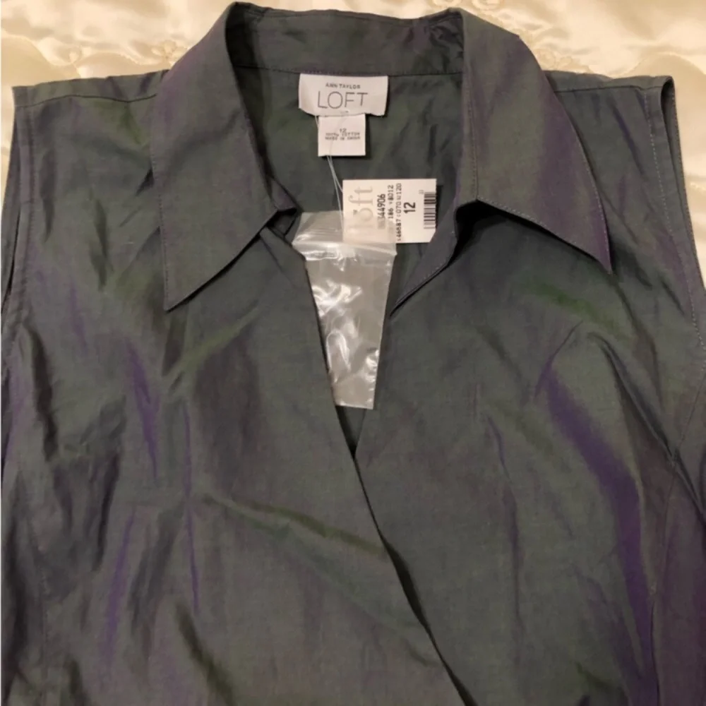 LOFT Ann Taylor Cotton Iridescent Sleeveless Wrap Around Blouse Collared Shirt - Picture 3 of 15